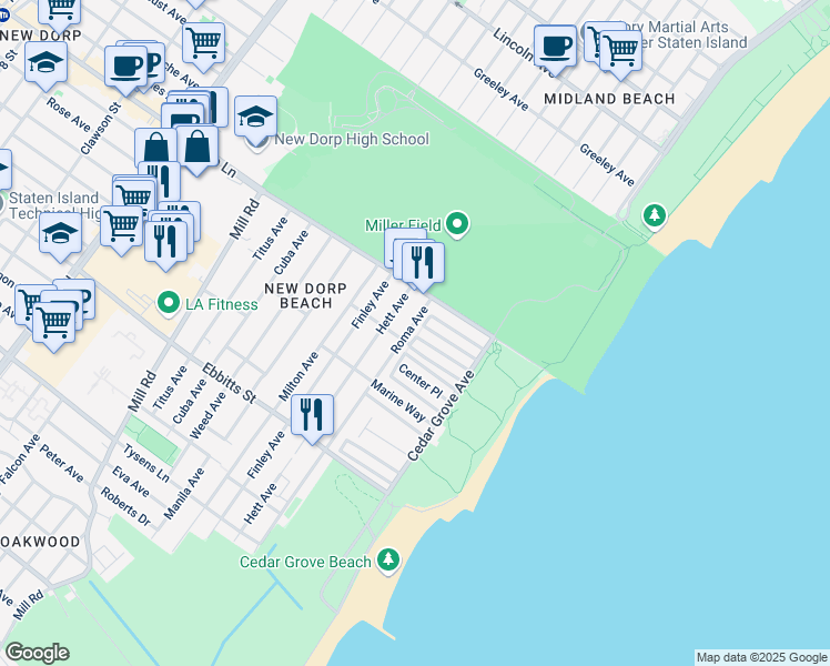map of restaurants, bars, coffee shops, grocery stores, and more near 12 Waterside Street in Staten Island