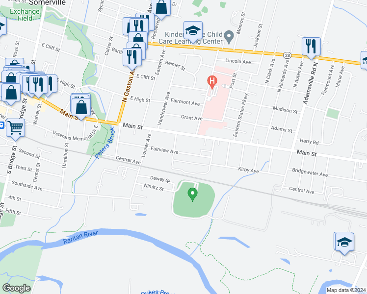 map of restaurants, bars, coffee shops, grocery stores, and more near 129 Fairview Avenue in Somerville
