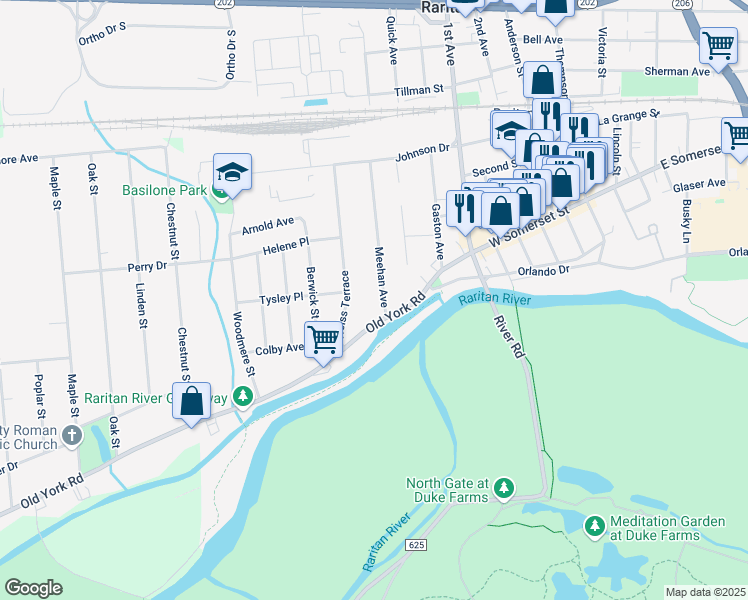 map of restaurants, bars, coffee shops, grocery stores, and more near 11 Meehan Avenue in Raritan