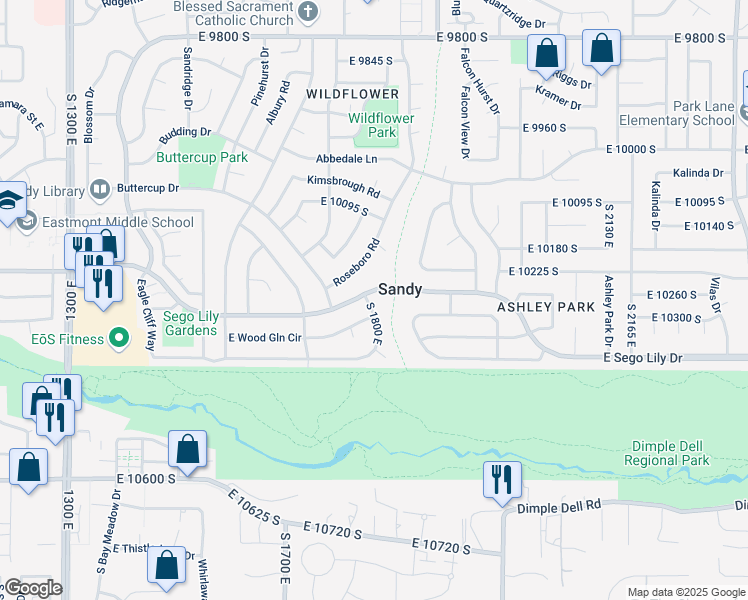 map of restaurants, bars, coffee shops, grocery stores, and more near 10283 South 1800 East in Sandy