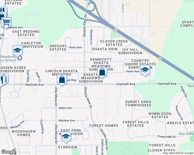 map of restaurants, bars, coffee shops, grocery stores, and more near 2564 Hartnell Avenue in Redding