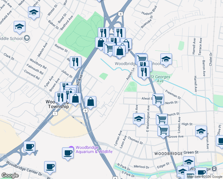 map of restaurants, bars, coffee shops, grocery stores, and more near 254 Alpine Way in Woodbridge Township