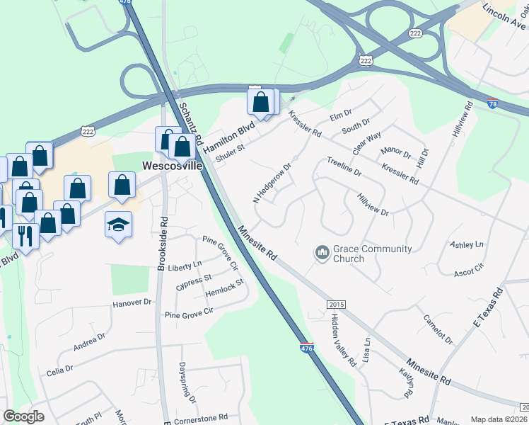 map of restaurants, bars, coffee shops, grocery stores, and more near 4628 North Hedgerow Drive in Allentown