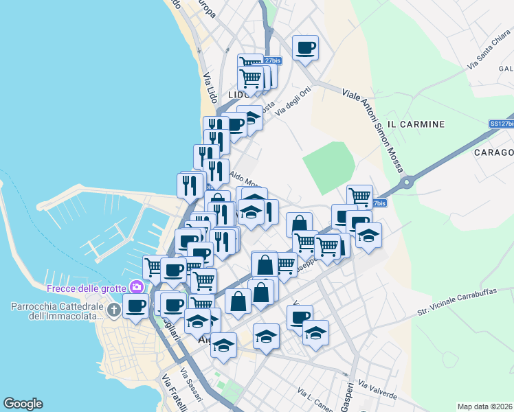 map of restaurants, bars, coffee shops, grocery stores, and more near 14 Via Goceano in Alghero