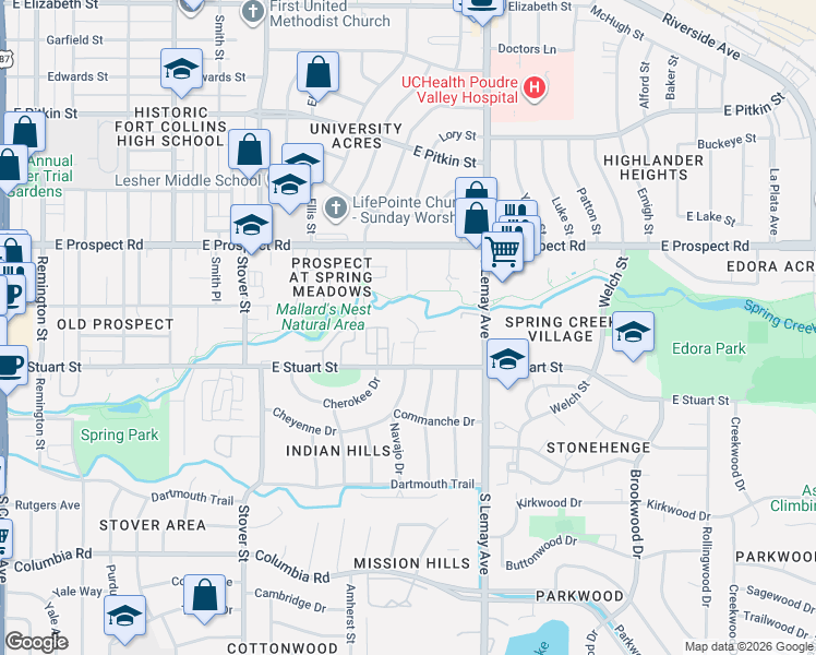 map of restaurants, bars, coffee shops, grocery stores, and more near 1725 Springmeadows Court in Fort Collins