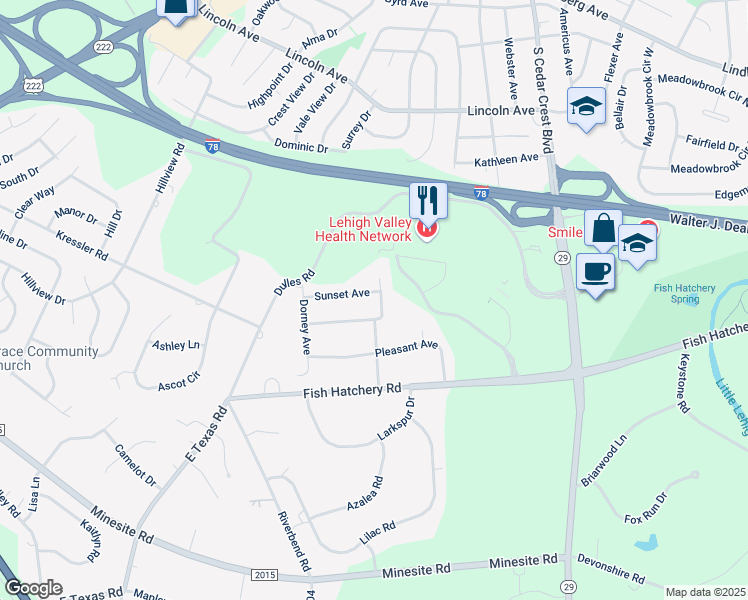 map of restaurants, bars, coffee shops, grocery stores, and more near 3604 Sunset Avenue in Allentown