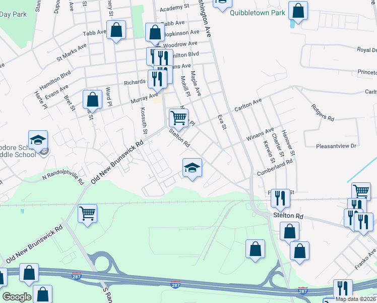 map of restaurants, bars, coffee shops, grocery stores, and more near 300 Stelton Road in Piscataway