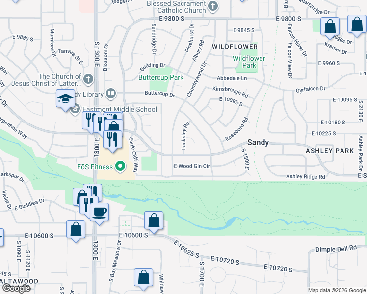 map of restaurants, bars, coffee shops, grocery stores, and more near 10273 Countrywood Drive in Sandy