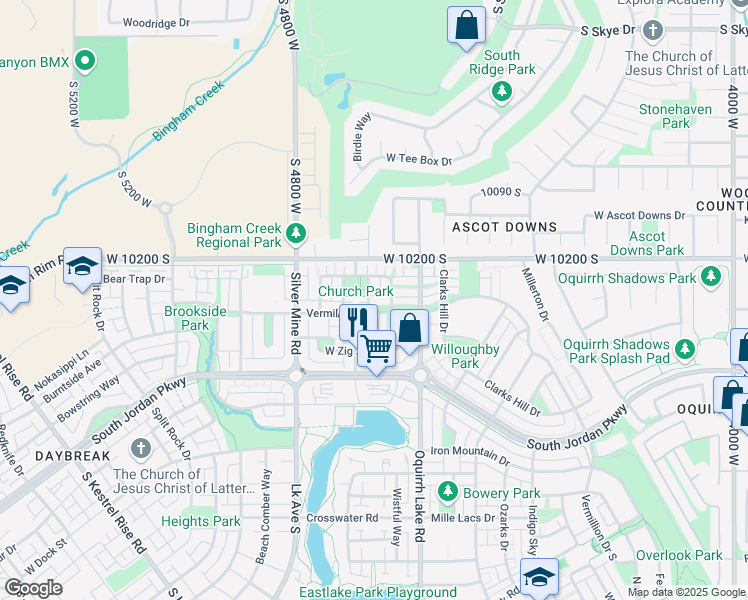 map of restaurants, bars, coffee shops, grocery stores, and more near 4648 Vermillion Drive in South Jordan