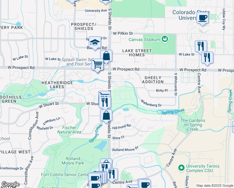 map of restaurants, bars, coffee shops, grocery stores, and more near 1718 South Shields Street in Fort Collins