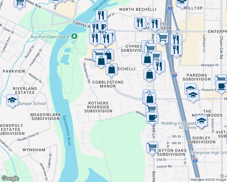 map of restaurants, bars, coffee shops, grocery stores, and more near 390 Hartnell Avenue in Redding