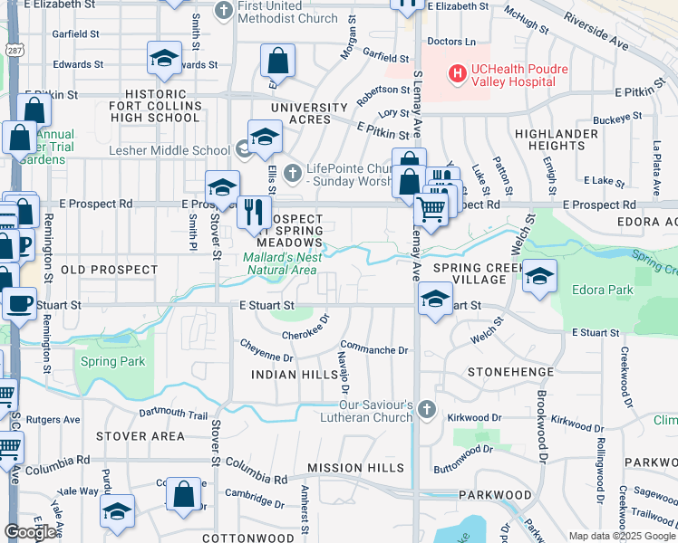 map of restaurants, bars, coffee shops, grocery stores, and more near 1713 Springmeadows Court in Fort Collins
