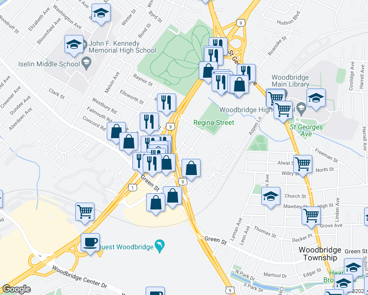 map of restaurants, bars, coffee shops, grocery stores, and more near 29 East Julius Street in Woodbridge Township