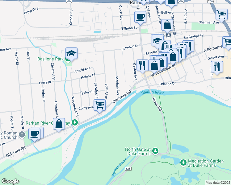 map of restaurants, bars, coffee shops, grocery stores, and more near 11 Meehan Avenue in Raritan