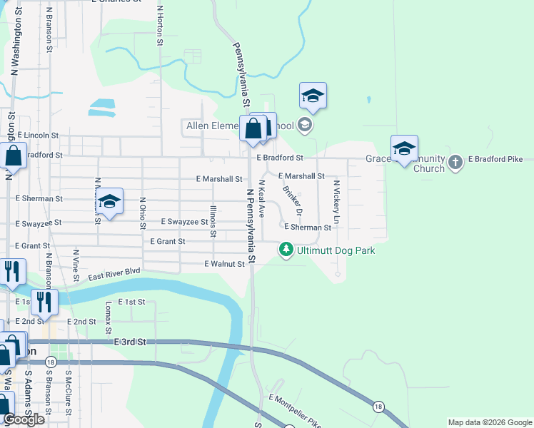 map of restaurants, bars, coffee shops, grocery stores, and more near 302 North Keal Avenue in Marion