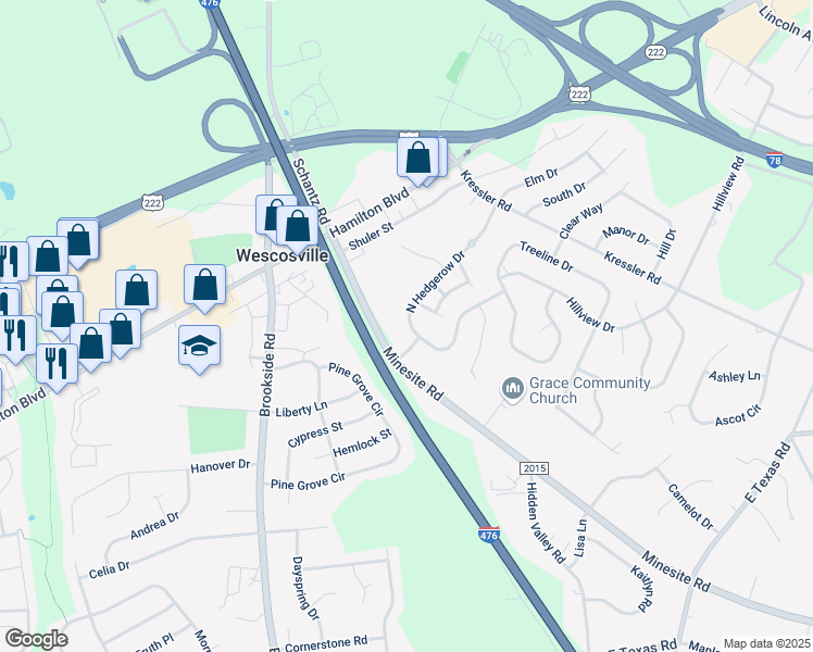 map of restaurants, bars, coffee shops, grocery stores, and more near 4628 North Hedgerow Drive in Allentown