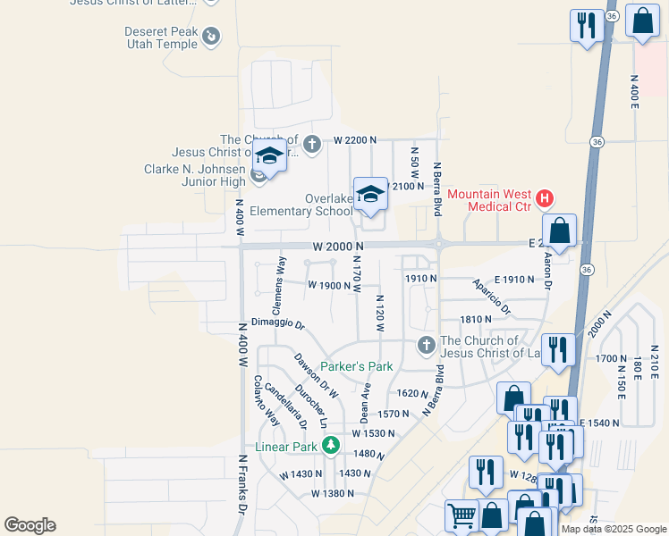 map of restaurants, bars, coffee shops, grocery stores, and more near 2166 North 220 West in Tooele