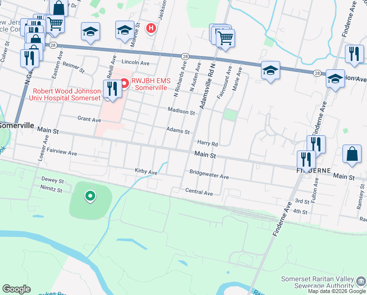 map of restaurants, bars, coffee shops, grocery stores, and more near 509 East Main Street in Somerville