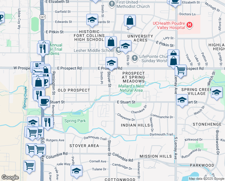 map of restaurants, bars, coffee shops, grocery stores, and more near 1717 Stover Street in Fort Collins