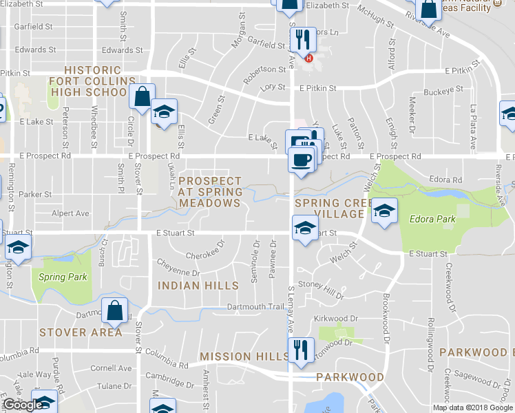 map of restaurants, bars, coffee shops, grocery stores, and more near 1708 Springmeadows Court in Fort Collins