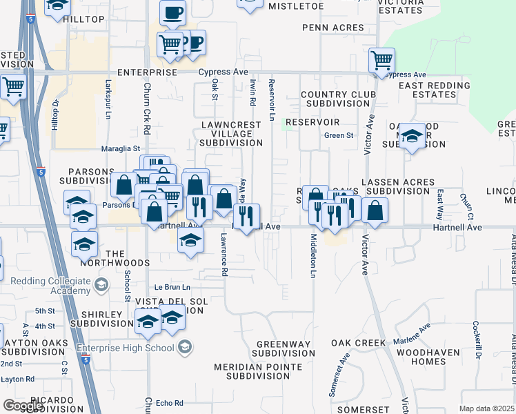 map of restaurants, bars, coffee shops, grocery stores, and more near 2891 Irwin Road in Redding