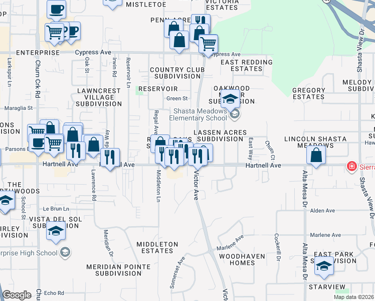 map of restaurants, bars, coffee shops, grocery stores, and more near 2946 Victor Avenue in Redding