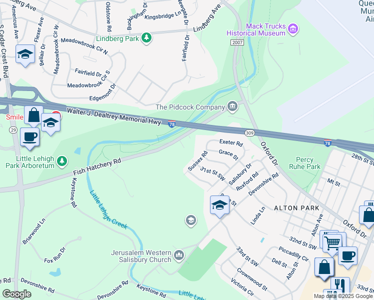 map of restaurants, bars, coffee shops, grocery stores, and more near 2626 Bridgets Way in Allentown