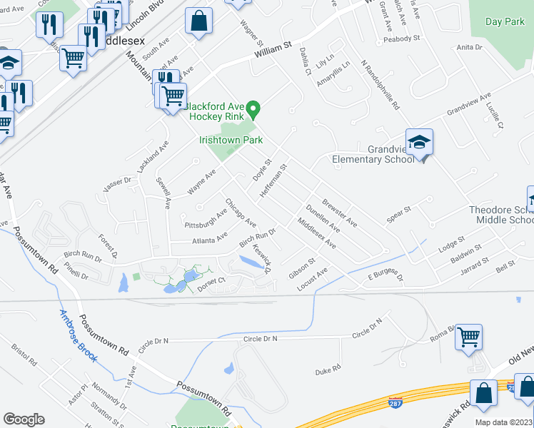 map of restaurants, bars, coffee shops, grocery stores, and more near 147 Mountain Avenue in Piscataway Township
