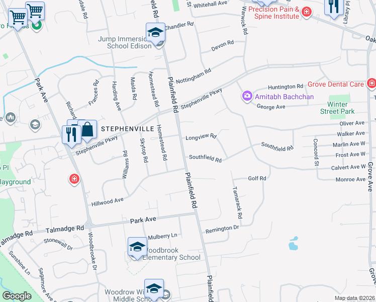 map of restaurants, bars, coffee shops, grocery stores, and more near 354 Plainfield Road in Edison