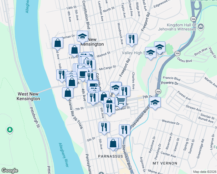 map of restaurants, bars, coffee shops, grocery stores, and more near 140 Ridge Avenue in New Kensington