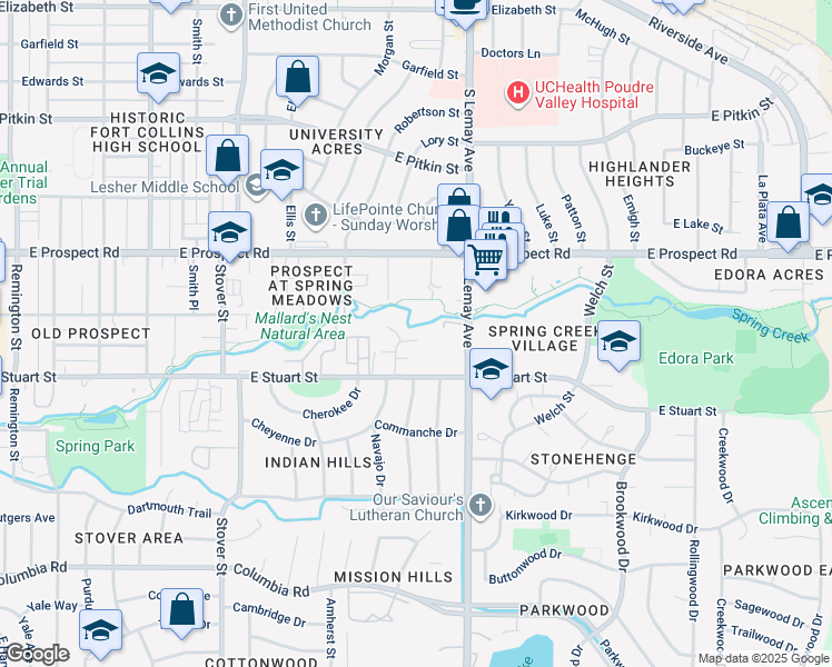 map of restaurants, bars, coffee shops, grocery stores, and more near 1708 Springmeadows Court in Fort Collins