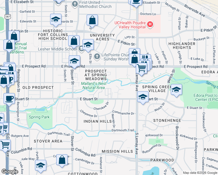 map of restaurants, bars, coffee shops, grocery stores, and more near 1713 Springmeadows Court in Fort Collins