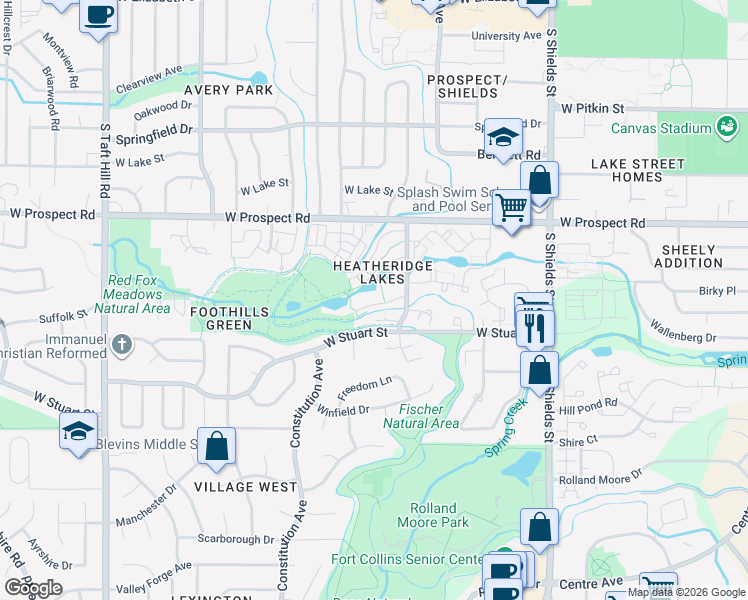 map of restaurants, bars, coffee shops, grocery stores, and more near 1705 Heatheridge Road in Fort Collins