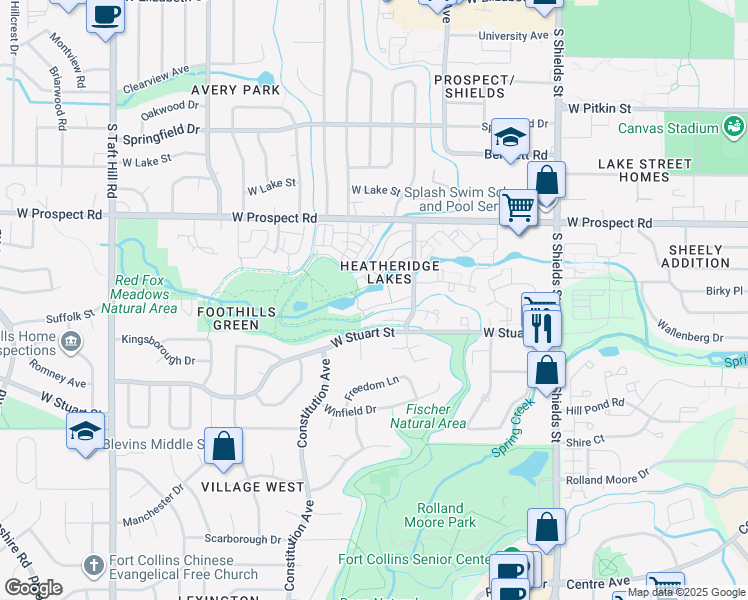 map of restaurants, bars, coffee shops, grocery stores, and more near 1705 Heatheridge Road in Fort Collins