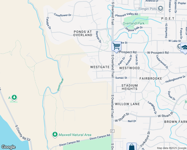 map of restaurants, bars, coffee shops, grocery stores, and more near 1812 Belmar Drive in Fort Collins