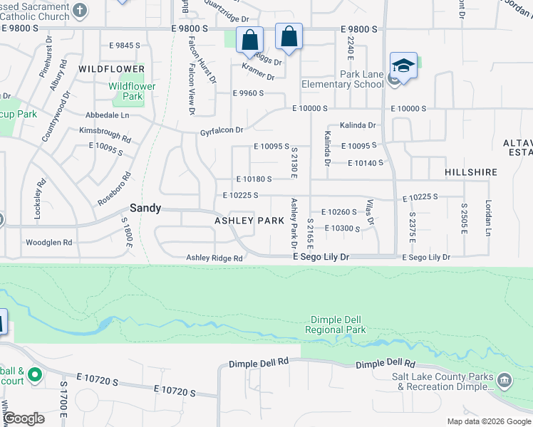 map of restaurants, bars, coffee shops, grocery stores, and more near 10257 Ashley Hills Circle in Sandy