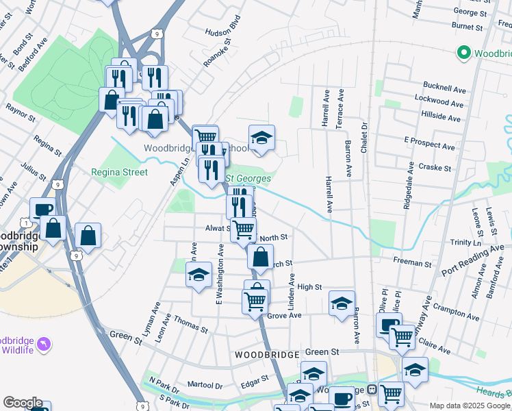 map of restaurants, bars, coffee shops, grocery stores, and more near 226 Freeman Street in Woodbridge Township