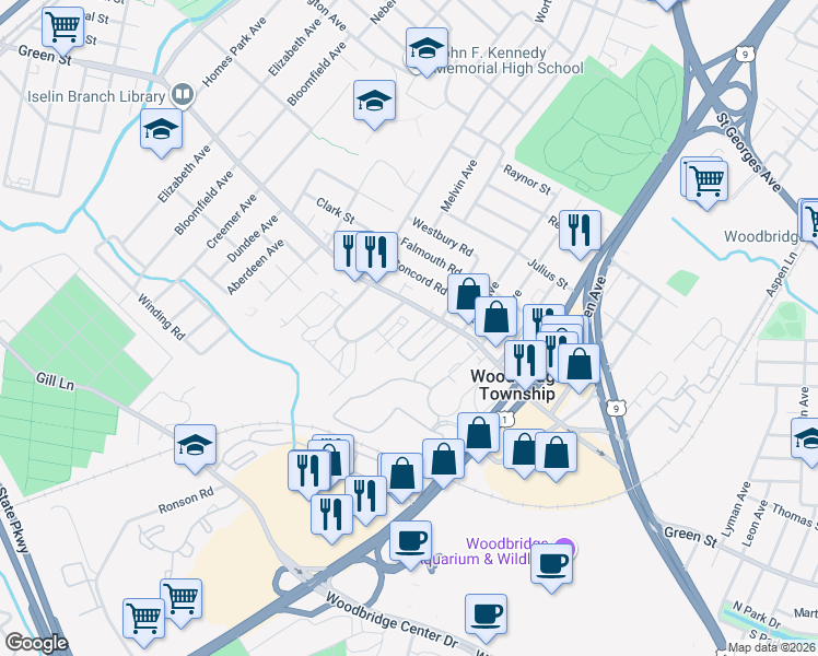 map of restaurants, bars, coffee shops, grocery stores, and more near 785 Green Street in Woodbridge Township