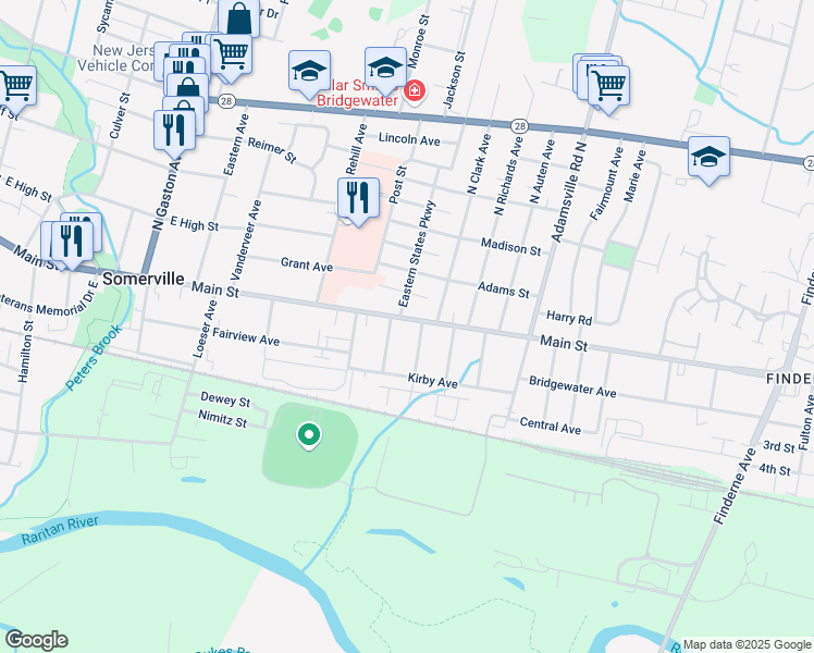 map of restaurants, bars, coffee shops, grocery stores, and more near 396 East Main Street in Somerville