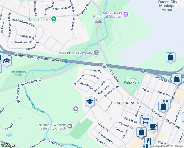 map of restaurants, bars, coffee shops, grocery stores, and more near 1414 Grace Street in Allentown