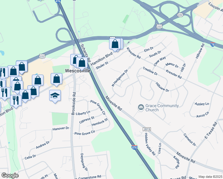 map of restaurants, bars, coffee shops, grocery stores, and more near 4628 North Hedgerow Drive in Allentown