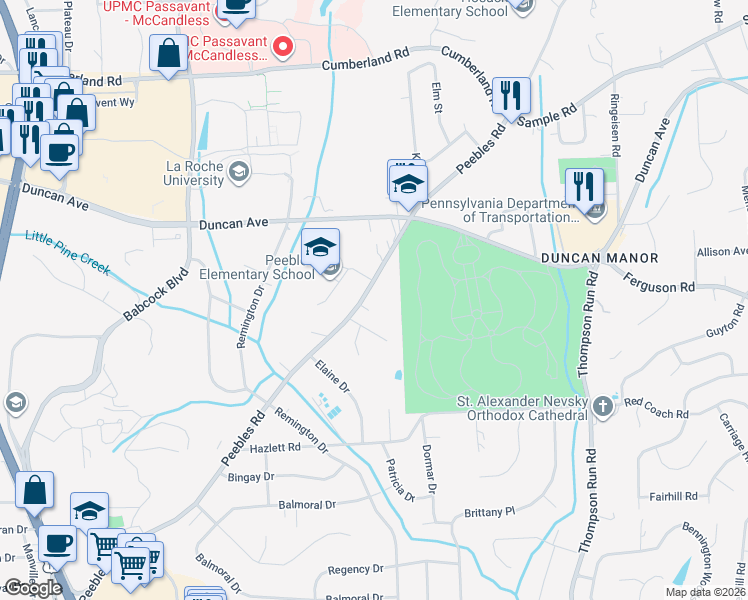 map of restaurants, bars, coffee shops, grocery stores, and more near 8592 Peebles Road in Pittsburgh