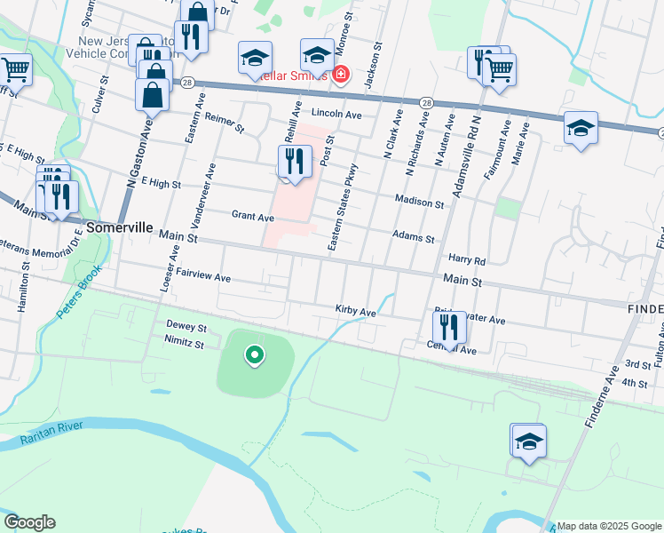 map of restaurants, bars, coffee shops, grocery stores, and more near 396 East Main Street in Somerville