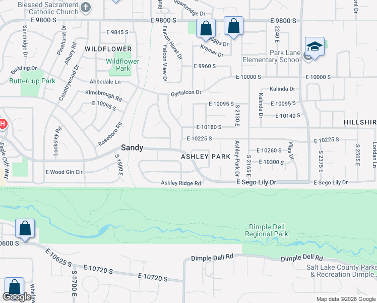 map of restaurants, bars, coffee shops, grocery stores, and more near 2007 East Sego Lily Drive in Sandy