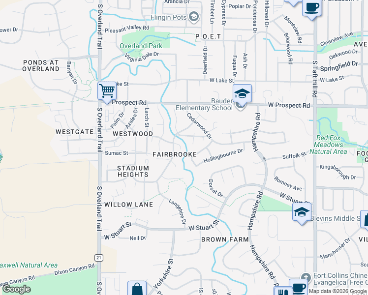 map of restaurants, bars, coffee shops, grocery stores, and more near 1907 Etton Drive in Fort Collins