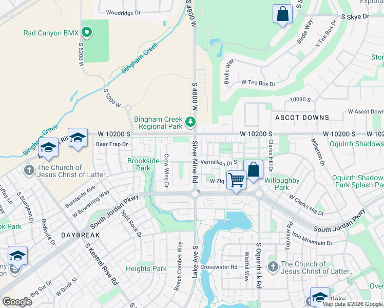 map of restaurants, bars, coffee shops, grocery stores, and more near 4782 Vermillion Drive South in South Jordan