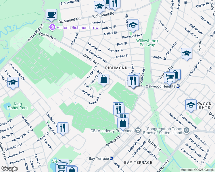 map of restaurants, bars, coffee shops, grocery stores, and more near 45 Corona Avenue in Staten Island