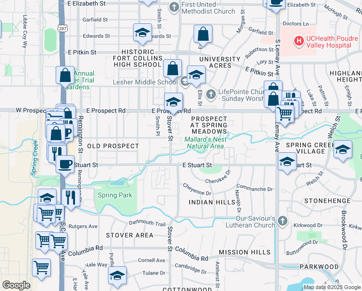 map of restaurants, bars, coffee shops, grocery stores, and more near 708 East Alpert Court in Fort Collins