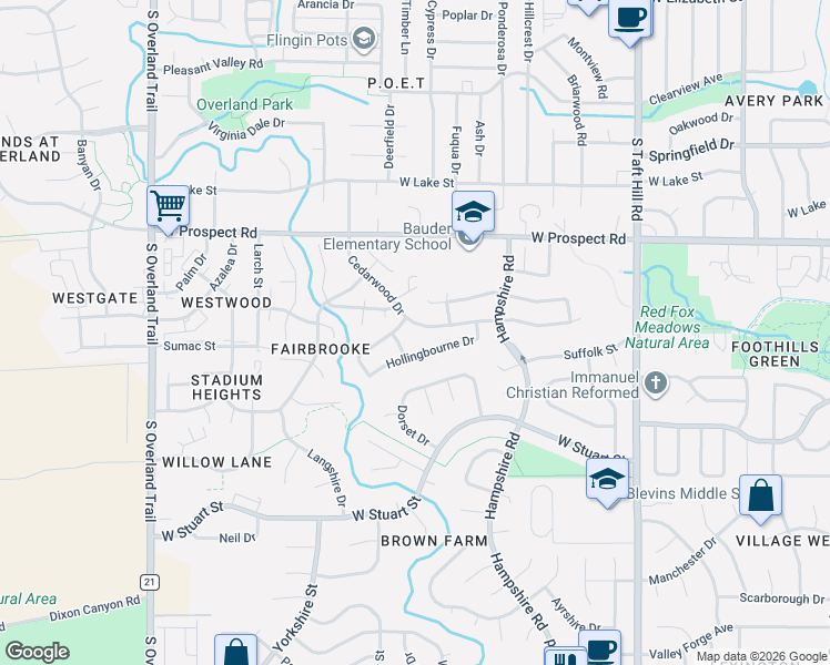map of restaurants, bars, coffee shops, grocery stores, and more near 2506 Hollingbourne Drive in Fort Collins