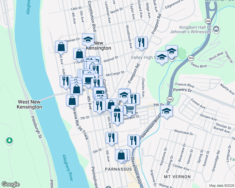 map of restaurants, bars, coffee shops, grocery stores, and more near 140 Ridge Avenue in New Kensington